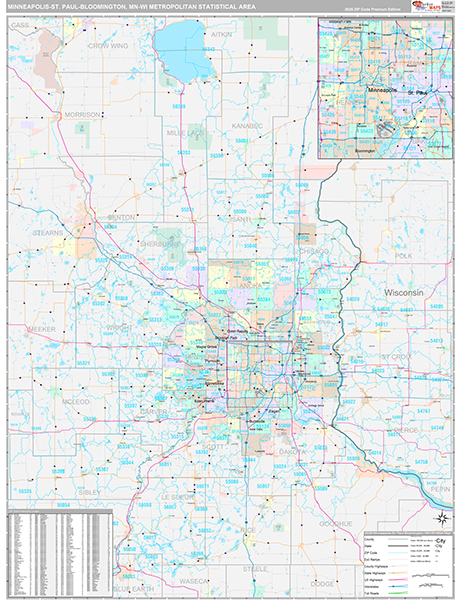 Minneapolis-St. Paul-Bloomington, MN Metro Area Wall Map